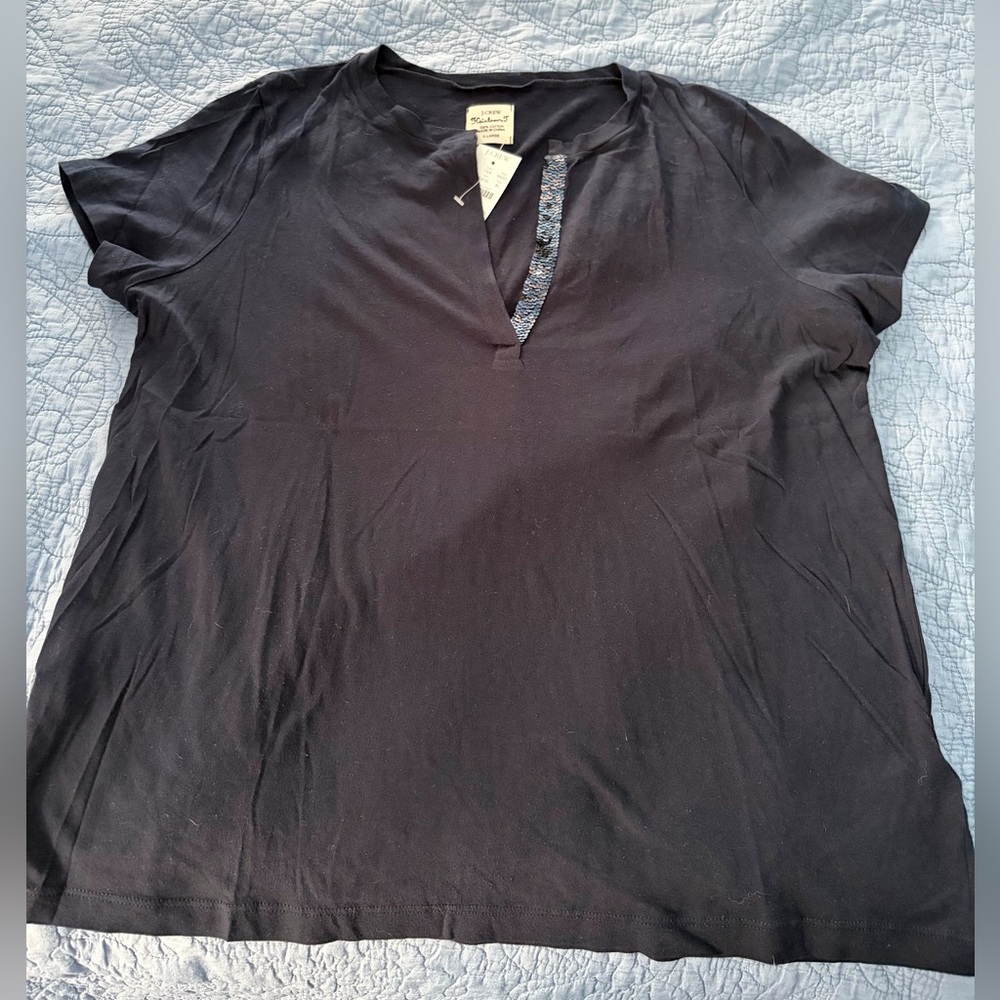 NWT Women’s XL J. Crew Navy Split Neck with Sequins Short Sleeve Tee